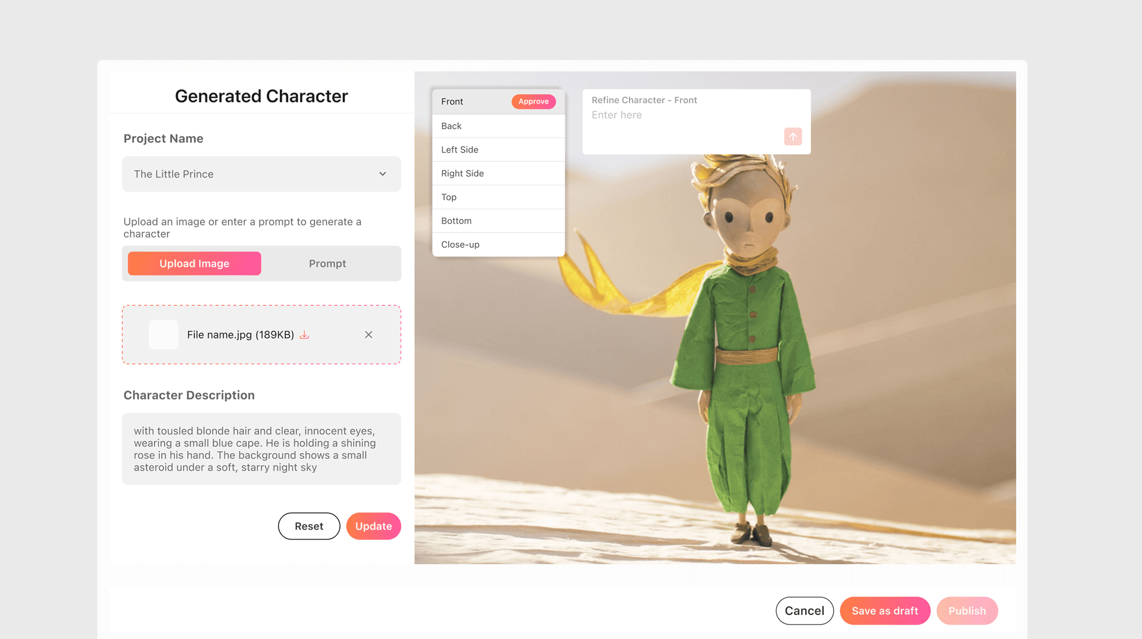 Generated Character — workspace UI