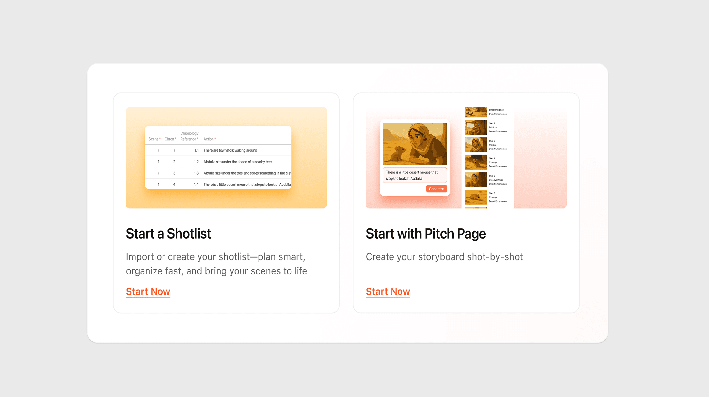 Start a Shot List & Start with Pitch Page UI